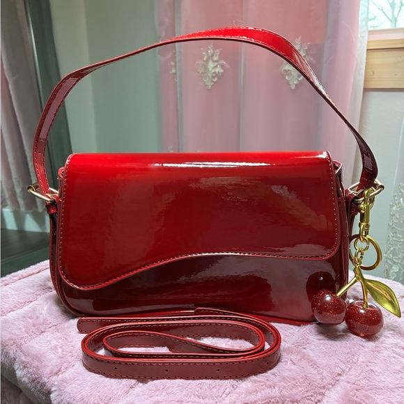 Glossy Cherry-Accent Shoulder Bag in Deep Red - Picture 2 of 7